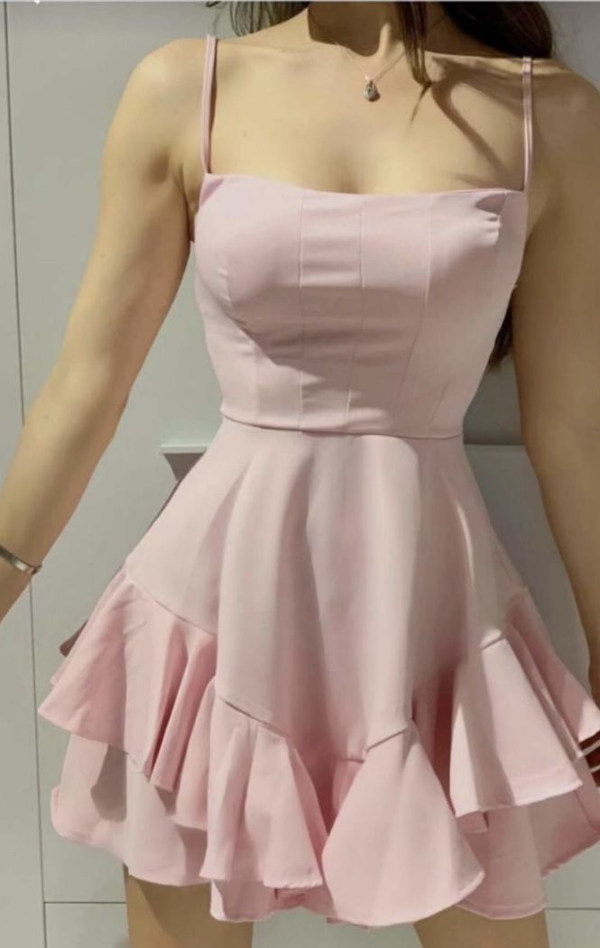Classy A Line Spaghetti Straps Pink Satin With Ruffle Hem Short Homecoming Dress 18Th Birthday Outfits Secondary image