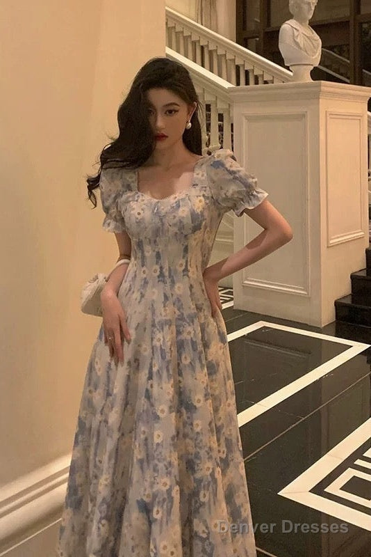 Classy A Line Square Neckline Blue Chiffon Long Prom Dresses Birthday Outfits Evening Gown