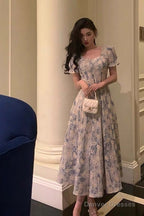 Classy A Line Square Neckline Blue Chiffon Long Prom Dresses Birthday Outfits Evening Gown