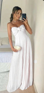 Classy A Line Strapless Light Pink Chiffon Long Prom Dress Evening Dress With Ruffles