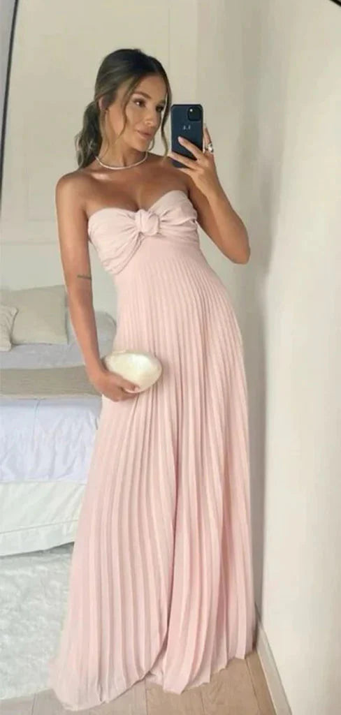 Classy A Line Strapless Light Pink Chiffon Long Prom Dress Evening Dress With Ruffles Secondary image