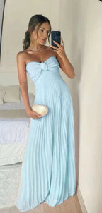 Classy A Line Strapless Light Pink Chiffon Long Prom Dress Evening Dress With Ruffles