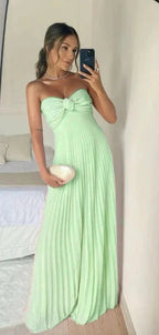Classy A Line Strapless Light Pink Chiffon Long Prom Dress Evening Dress With Ruffles