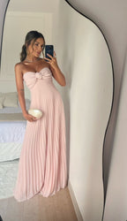 Classy A Line Strapless Light Pink Chiffon Long Prom Dress Evening Dress With Ruffles