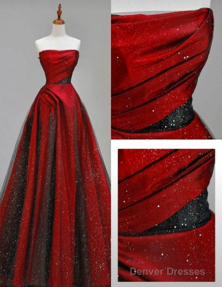 Classy A Line Strapless Red Sequin Tulle Long Party Dress Prom Dresses Secondary image