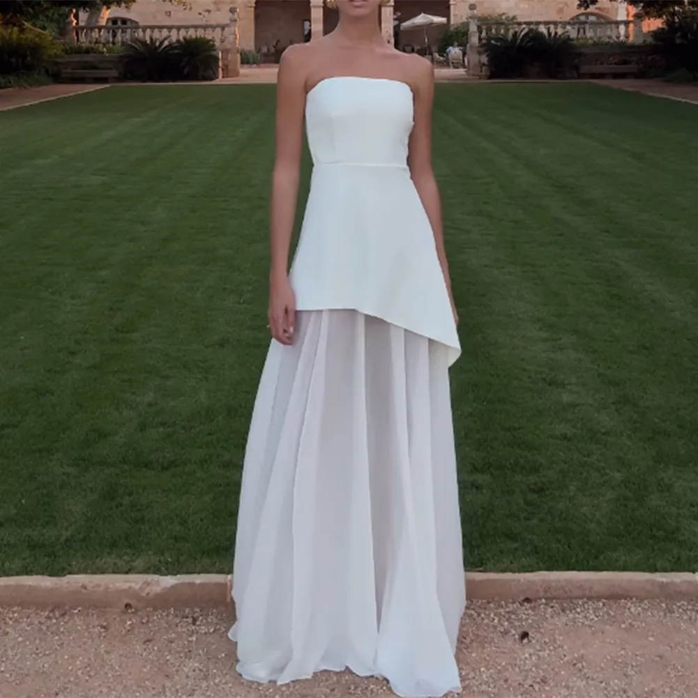 Classy A Line Strapless White Chiffon Long Evening Dress Prom Dress