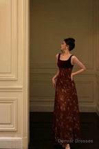 Classy A Line Straps Burgundy Velvet Floral Prom Dresses Birthday Outfits Evening Gown