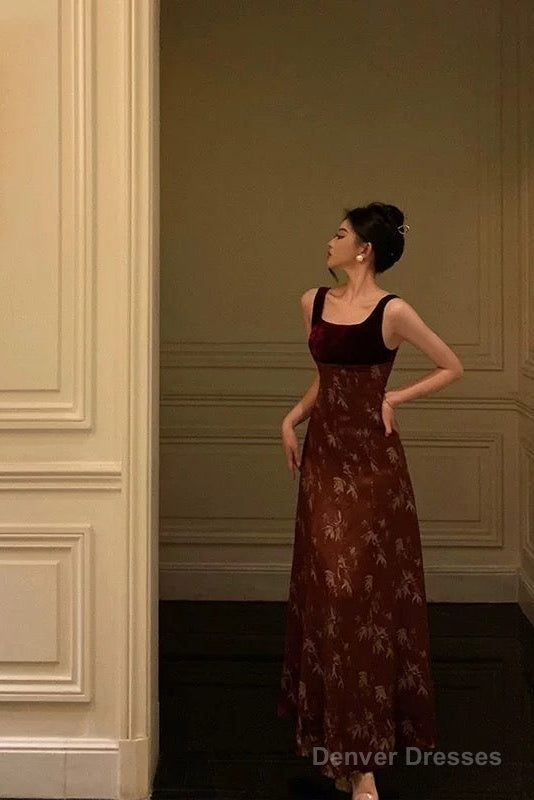 Classy A Line Straps Burgundy Velvet Floral Prom Dresses Birthday Outfits Evening Gown