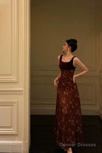 Classy A Line Straps Burgundy Velvet Floral Prom Dresses Birthday Outfits Evening Gown