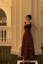 Classy A Line Straps Burgundy Velvet Floral Prom Dresses Birthday Outfits Evening Gown