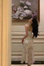 Classy A Line Straps Pink Floral Chiffon Prom Dresses Birthday Outfits Evening Gown