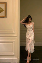 Classy A Line Straps Pink Floral Chiffon Prom Dresses Birthday Outfits Evening Gown