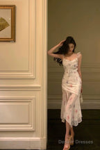 Classy A Line Straps Pink Floral Chiffon Prom Dresses Birthday Outfits Evening Gown