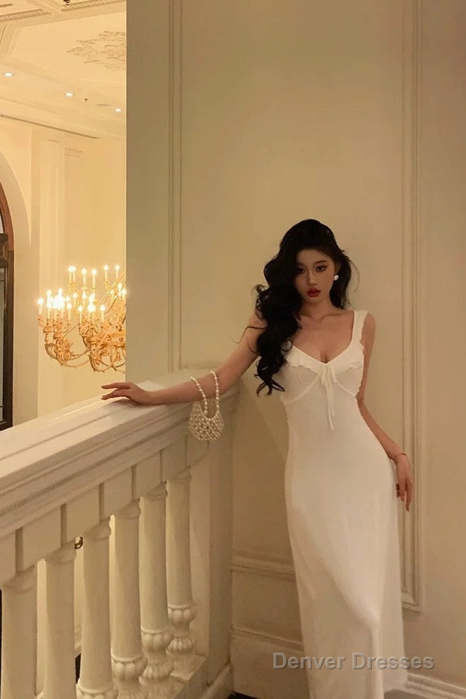 Classy A Line Straps White Prom Dresses Birthday Outfits Evening Gown Secondary image