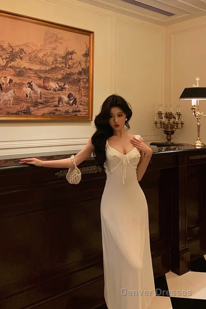 Classy A Line Straps White Prom Dresses Birthday Outfits Evening Gown