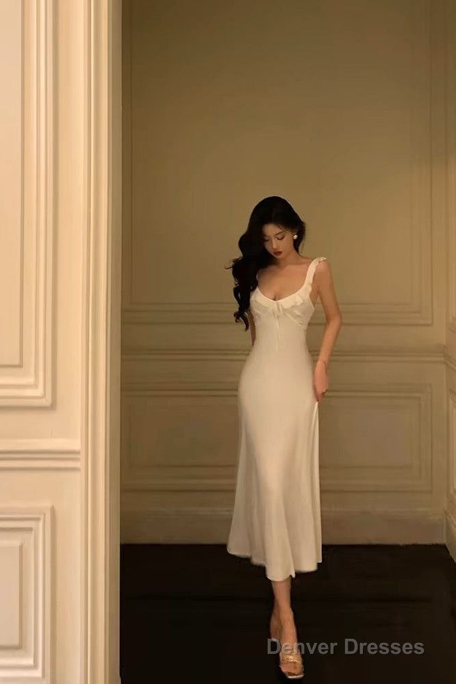 Classy A Line Straps White Prom Dresses Birthday Outfits Evening Gown Main image