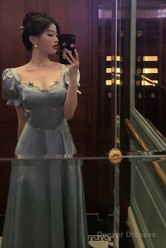 Classy A Line Sweetheart Blue Satin Prom Dresses Birthday Outfits Evening Gown