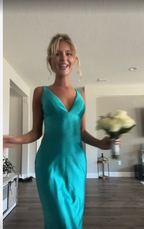 Classy A Line V Neckline Blue Satin Sleeveless Long Prom Dress