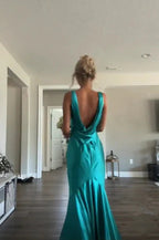 Classy A Line V Neckline Blue Satin Sleeveless Long Prom Dress