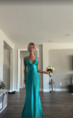 Classy A Line V Neckline Blue Satin Sleeveless Long Prom Dress