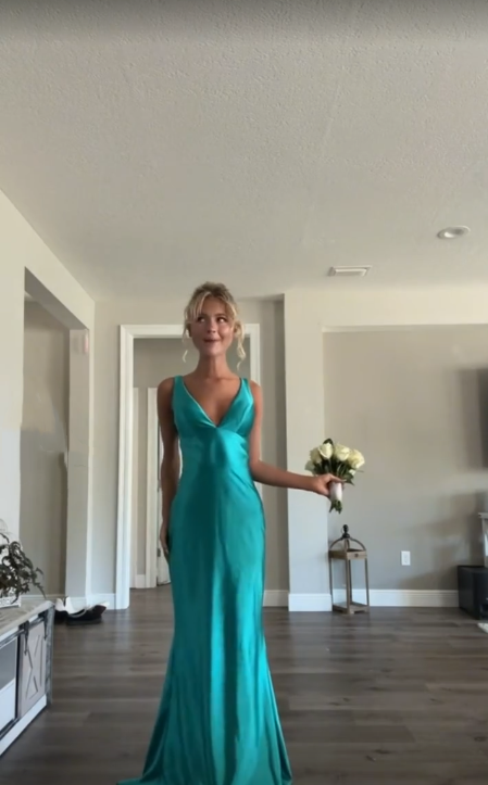 Classy A Line V Neckline Blue Satin Sleeveless Long Prom Dress