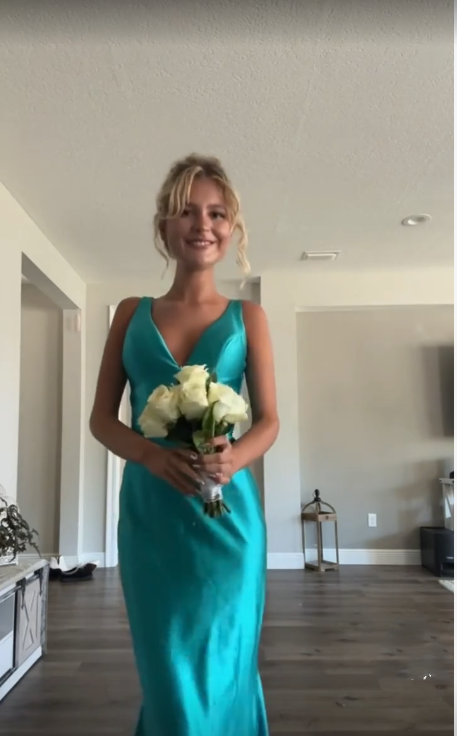 Classy A Line V Neckline Blue Satin Sleeveless Long Prom Dress