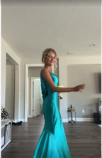 Classy A Line V Neckline Blue Satin Sleeveless Long Prom Dress