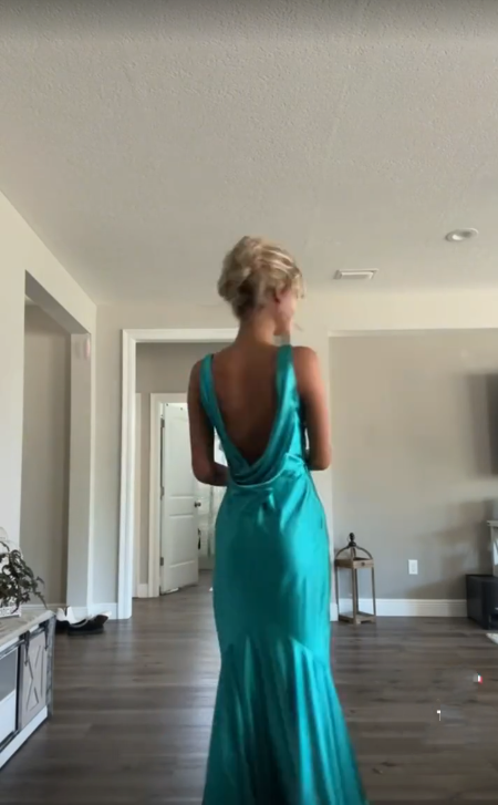 Classy A Line V Neckline Blue Satin Sleeveless Long Prom Dress