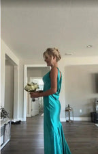 Classy A Line V Neckline Blue Satin Sleeveless Long Prom Dress