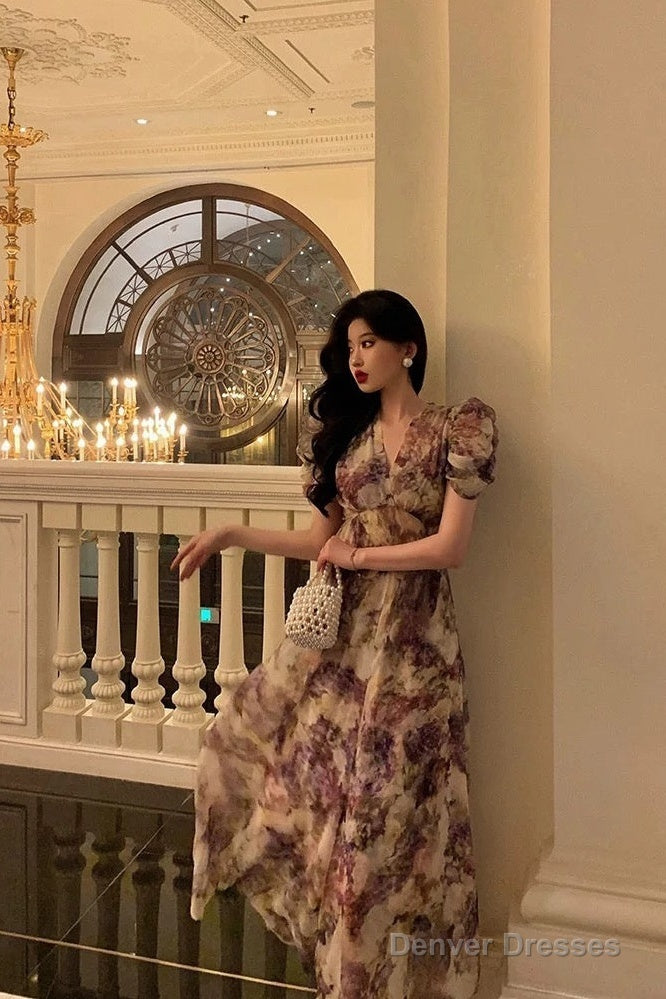 Classy A Line V Neckline Grape Flora Chiffon Prom Dresses Birthday Outfits Evening Gown Secondary image