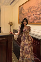 Classy A Line V Neckline Grape Flora Chiffon Prom Dresses Birthday Outfits Evening Gown