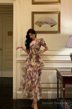 Classy A Line V Neckline Grape Flora Chiffon Prom Dresses Birthday Outfits Evening Gown