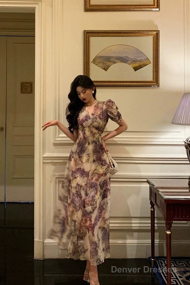 Classy A Line V Neckline Grape Flora Chiffon Prom Dresses Birthday Outfits Evening Gown