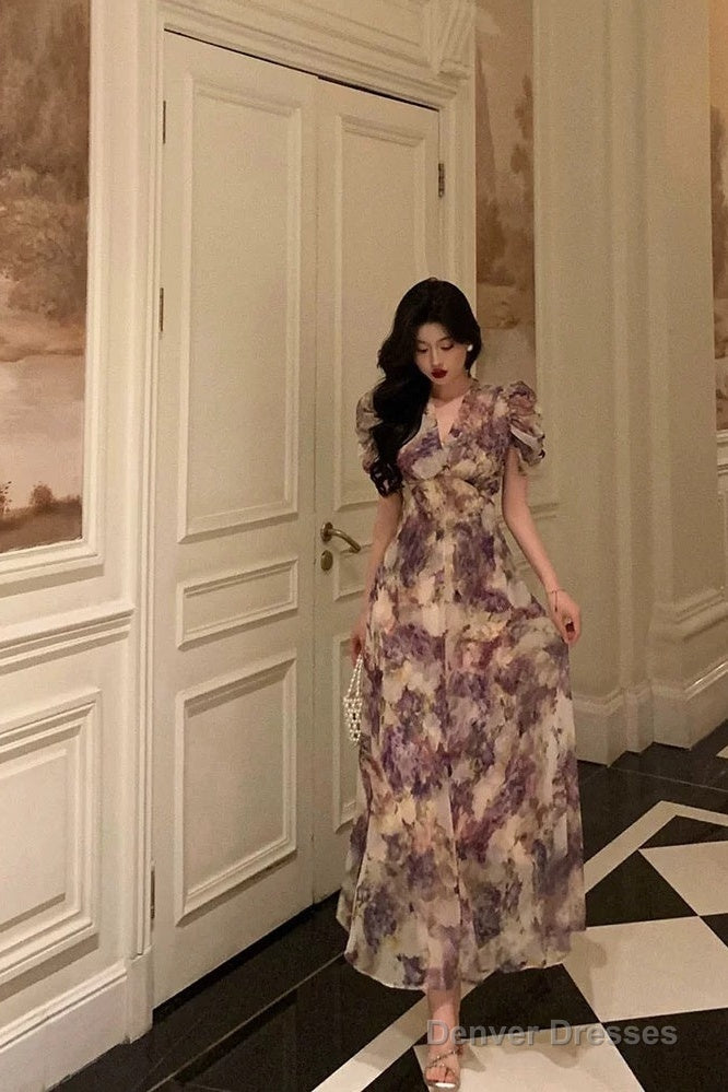 Classy A Line V Neckline Grape Flora Chiffon Prom Dresses Birthday Outfits Evening Gown