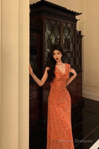 Classy A Line V Neckline Orange Chiffon Long Prom Dresses Birthday Outfits Evening Gown