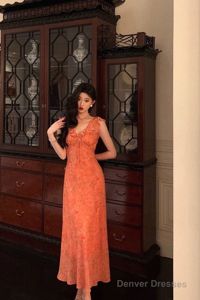 Classy A Line V Neckline Orange Chiffon Long Prom Dresses Birthday Outfits Evening Gown