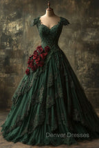 Classy Ball Gown Short Sleeves Dark Green Lace Long Party Dress Satin Prom Dress