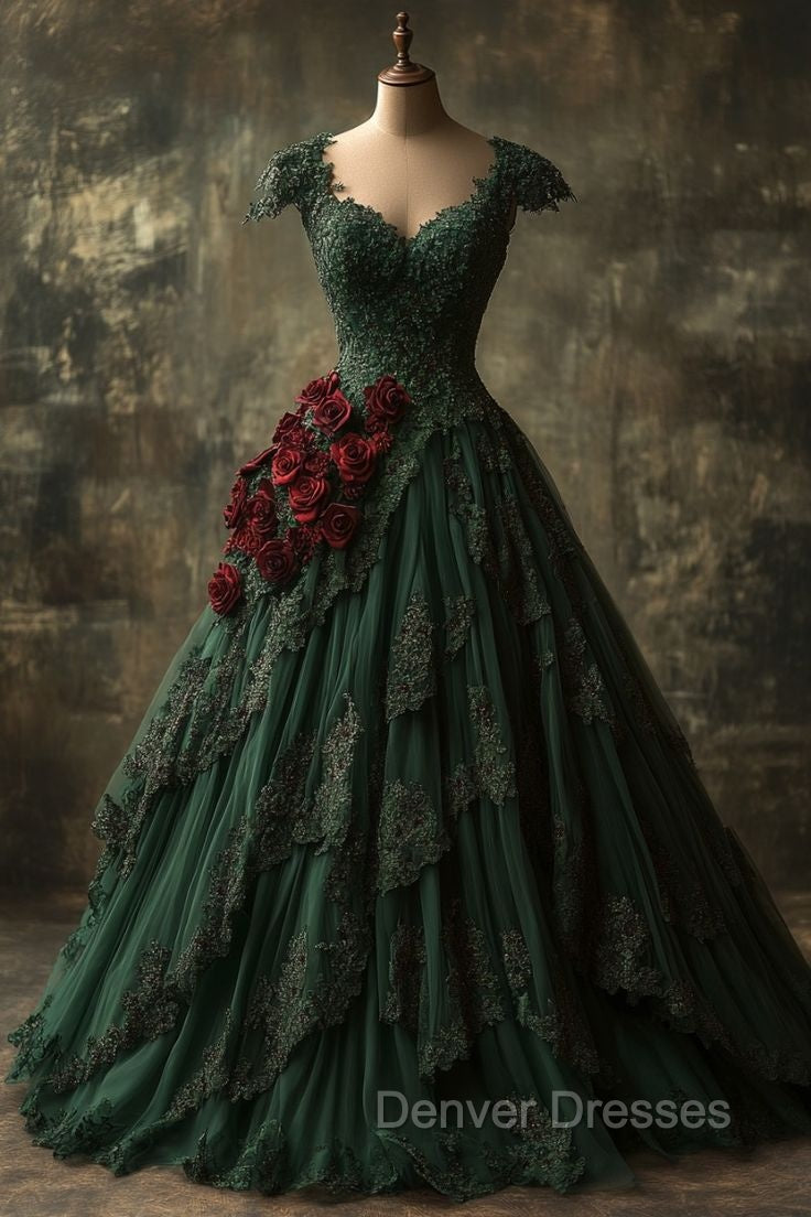 Classy Ball Gown Short Sleeves Dark Green Lace Long Party Dress Satin Prom Dress