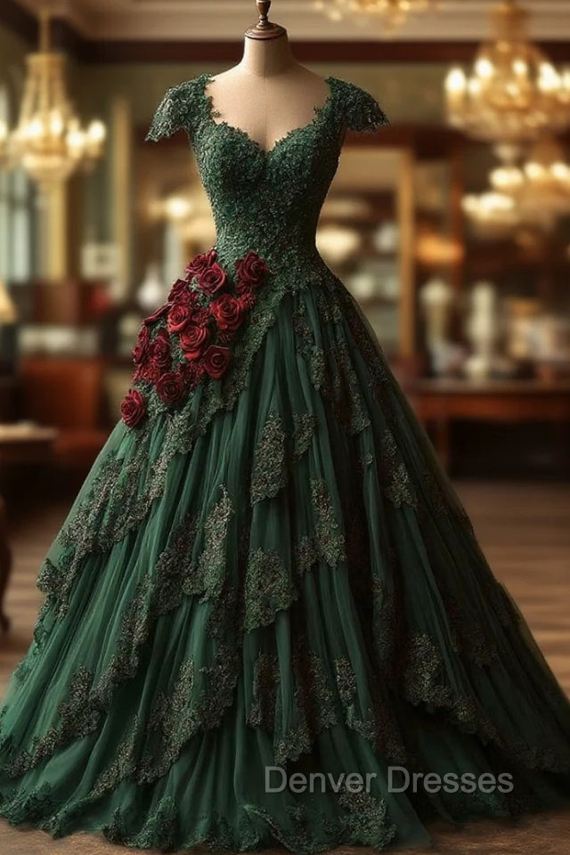 Classy Ball Gown Short Sleeves Dark Green Lace Long Party Dress Satin Prom Dress Main image
