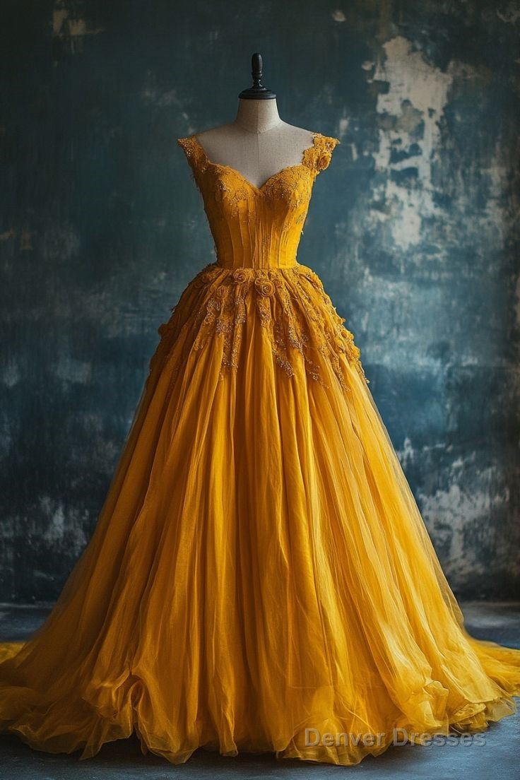 Classy Ball Gown Short Sleeves Yellow Lace Long Party Dress Satin Prom Dresses Secondary image