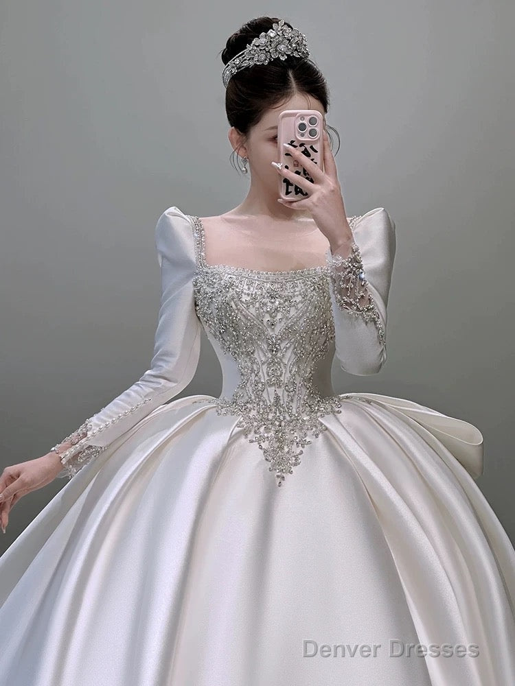 Classy Ball Gown Square Neckline Long Sleeves Sequin White Wedding Dresses Brides Dress Secondary image