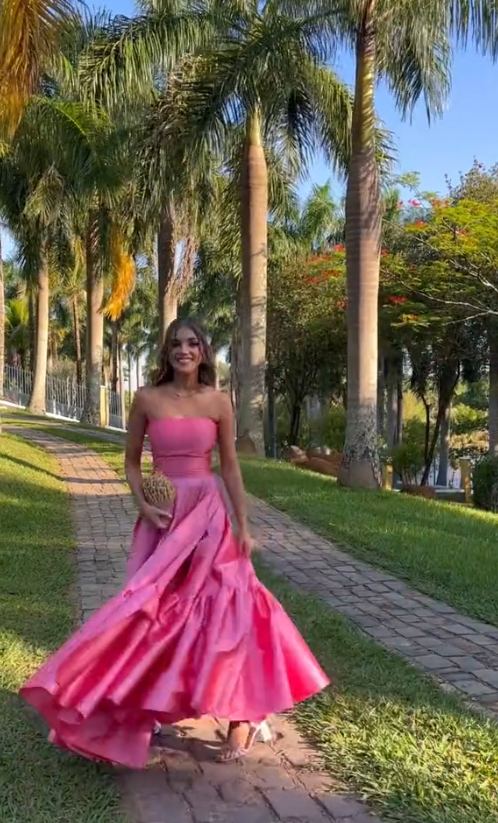 Classy Ball Gown Strapless Pink Floor Length Satin Slit Prom Dress Evening Gowns Secondary image
