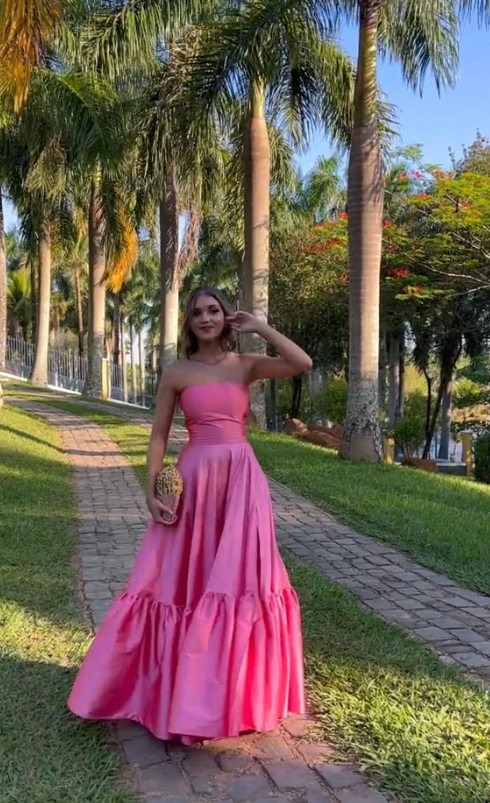 Classy Ball Gown Strapless Pink Floor Length Satin Slit Prom Dress Evening Gowns