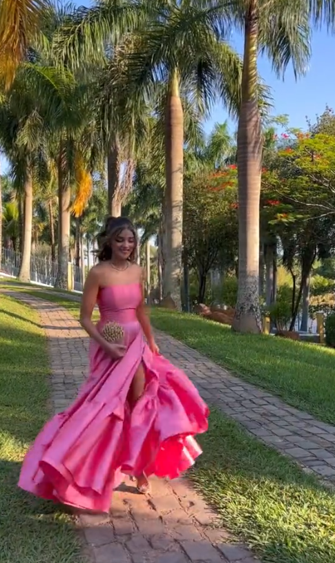 Classy Ball Gown Strapless Pink Floor Length Satin Slit Prom Dress Evening Gowns