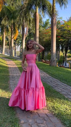 Classy Ball Gown Strapless Pink Floor Length Satin Slit Prom Dress Evening Gowns