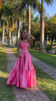Classy Ball Gown Strapless Pink Floor Length Satin Slit Prom Dress Evening Gowns