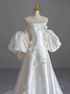 Classy Ball Gown Strapless Short Sleeves Satin White Wedding Dress Brides Dress