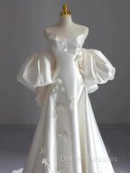 Classy Ball Gown Strapless Short Sleeves Satin White Wedding Dress Brides Dress
