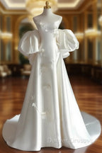 Classy Ball Gown Strapless Short Sleeves Satin White Wedding Dress Brides Dress