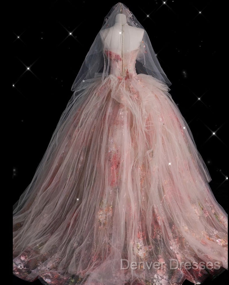 Classy Ball Gown Sweetheart Pink Floral Tulle Long Evening Dress Prom Dress Secondary image